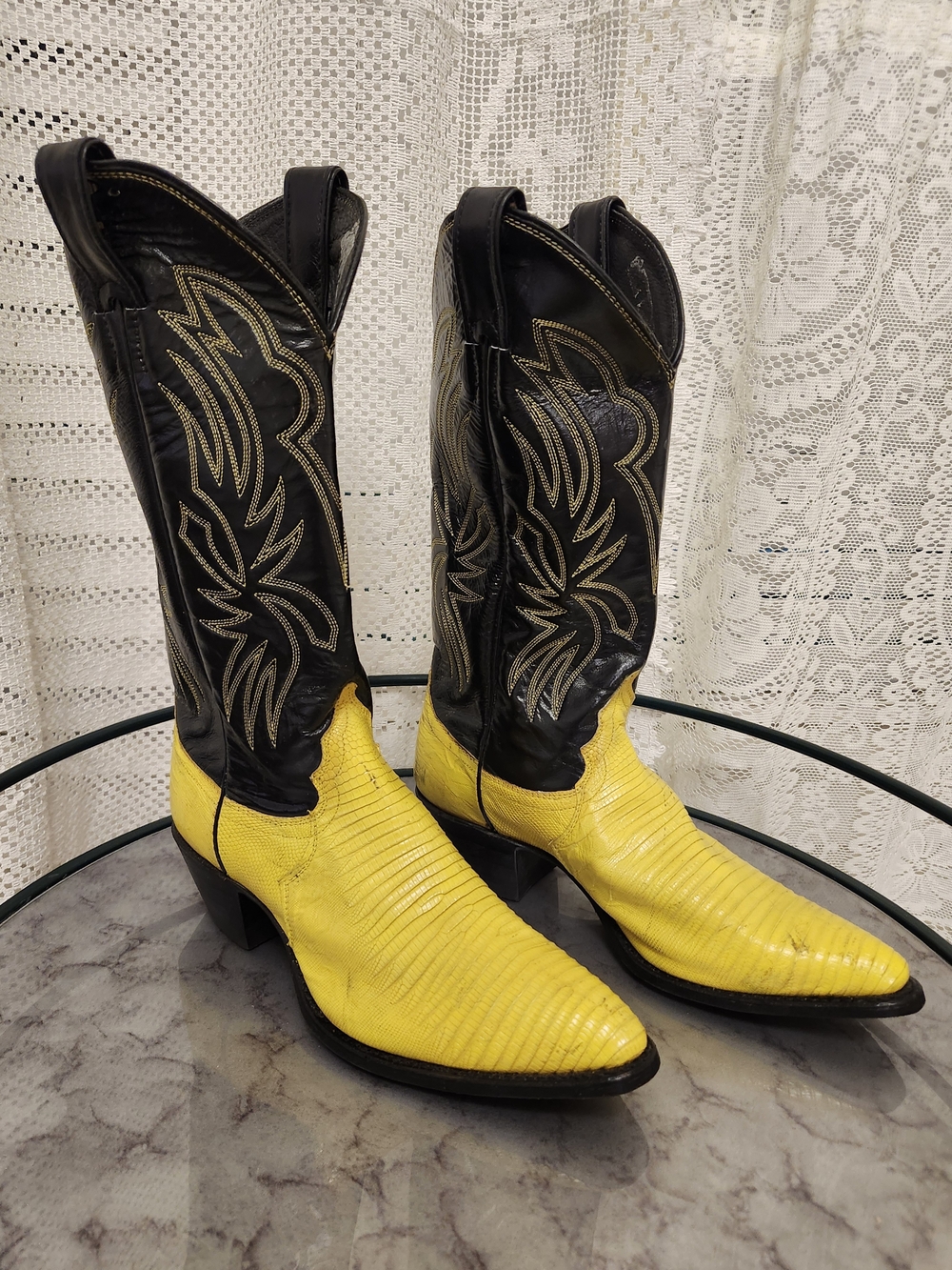 Justin Boots Black with Yellow Lizard Exotic Leather Cowboy Boots Womens 8B